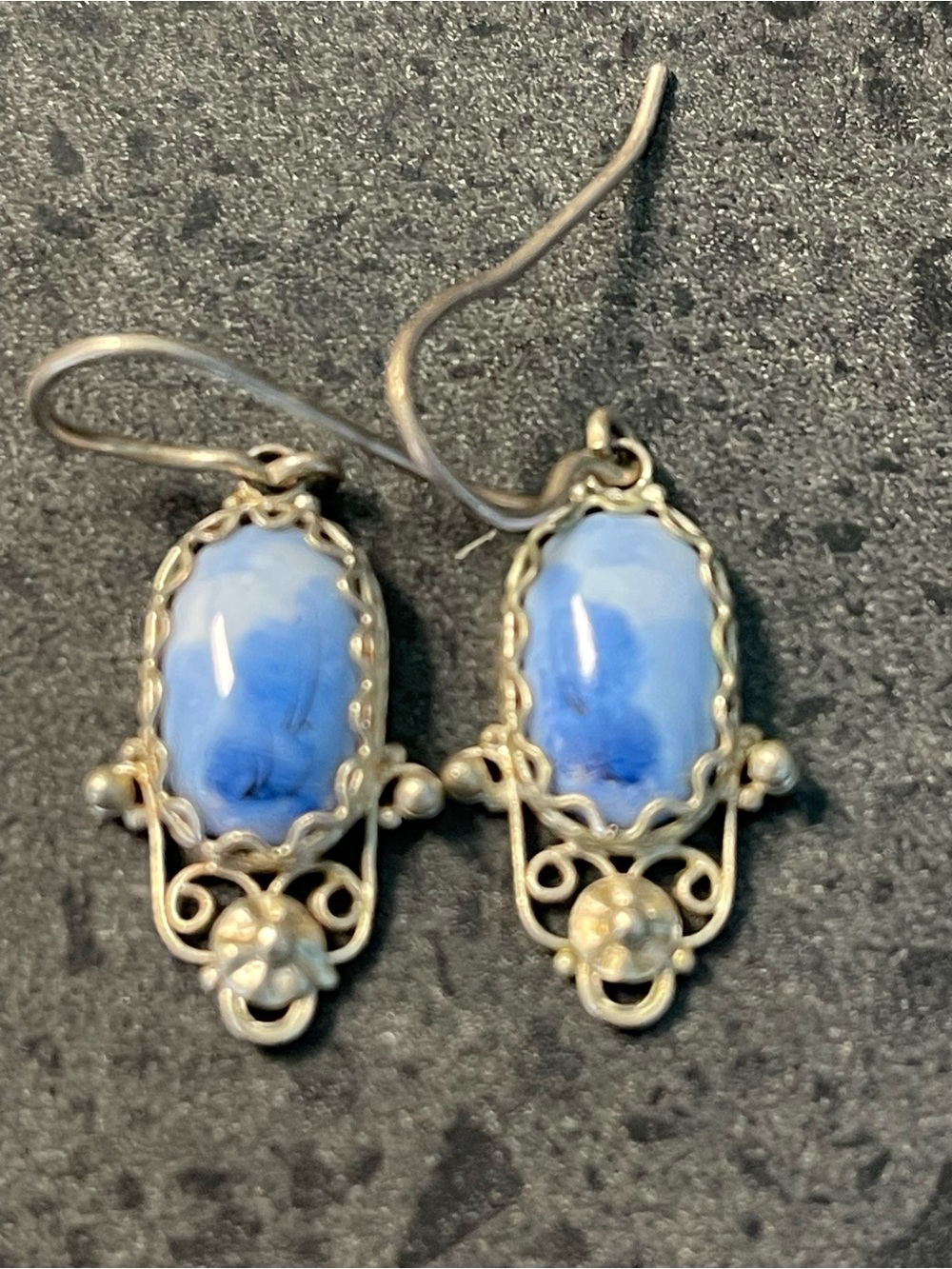 Silver Filigree Blue Cabochon Drop Earrings